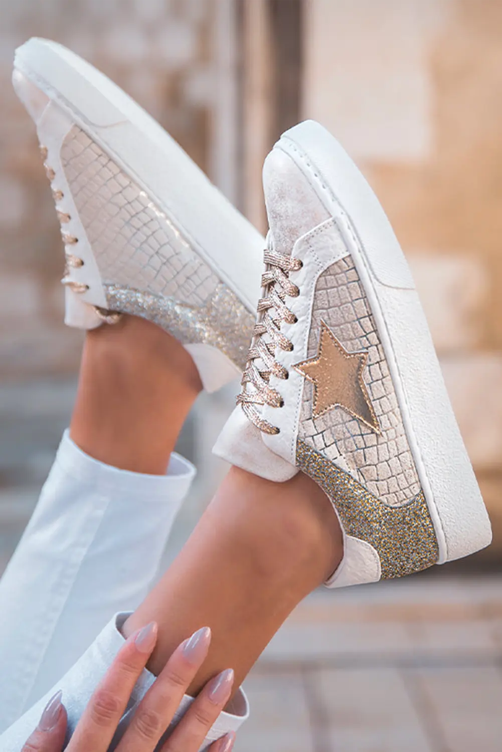 Gold Glitter Star Patchwork PU Leather Lace-up Trainers - eAura