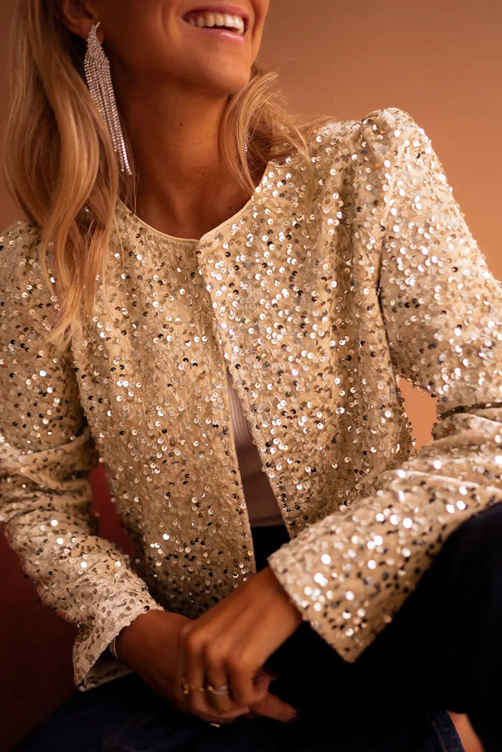 Golden SequinNed Open Front Cropped Jacket - eAura