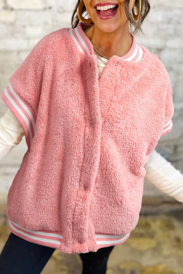 Gossamer Pink Varsity Striped Banding Patchwork Winter Plush Vest Dear-Lover Dropshipping