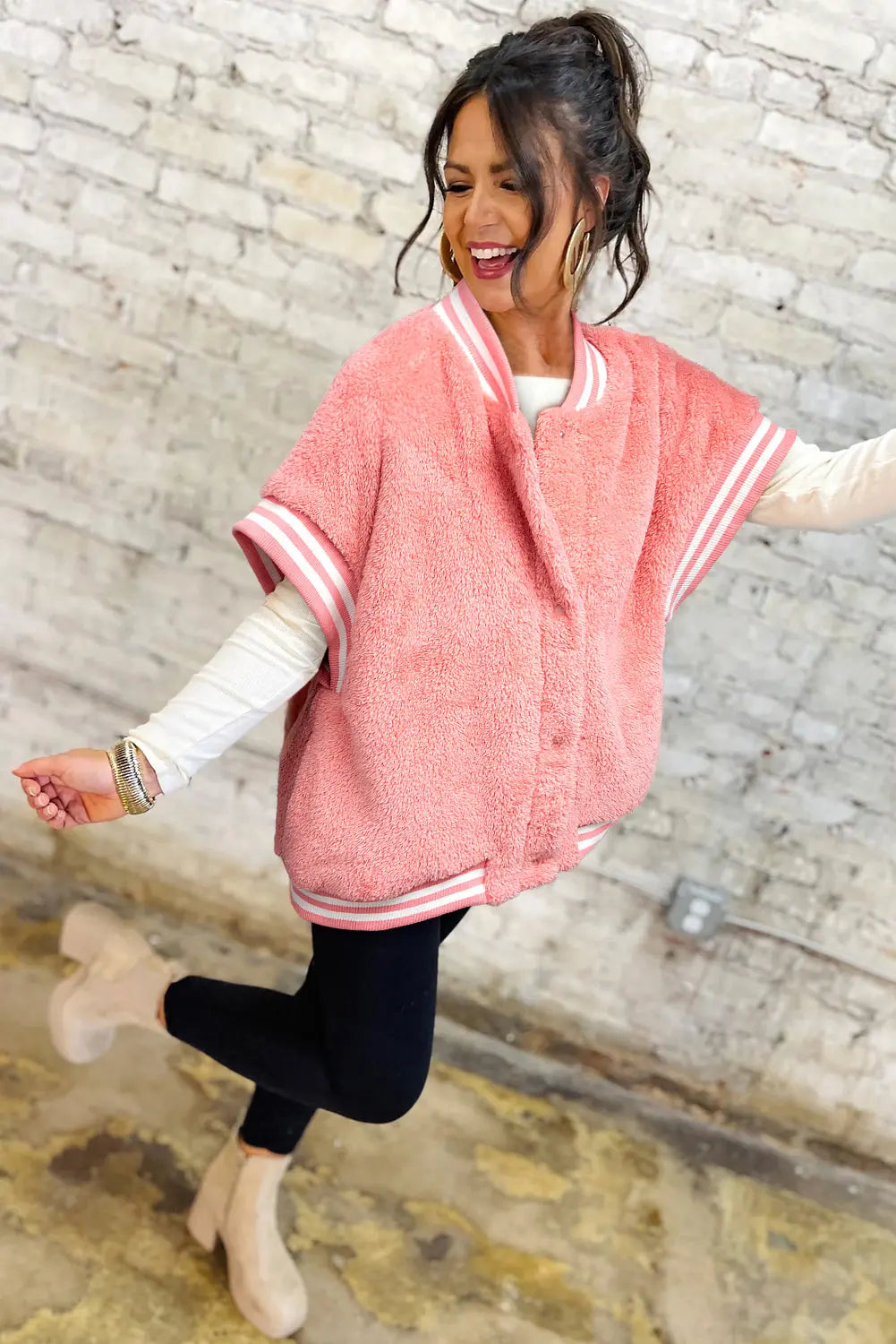 Gossamer Pink Varsity Striped Banding Patchwork Winter Plush Vest Dear-Lover Dropshipping