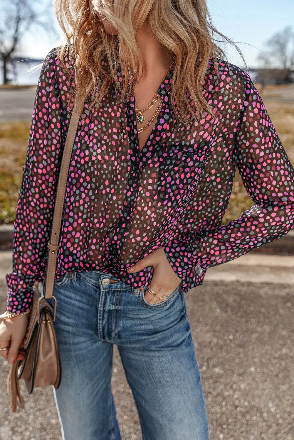 Grape Wine Polka Dot Printed Buttoned Casual Shirt Beagle Boutique Fashion Outlet