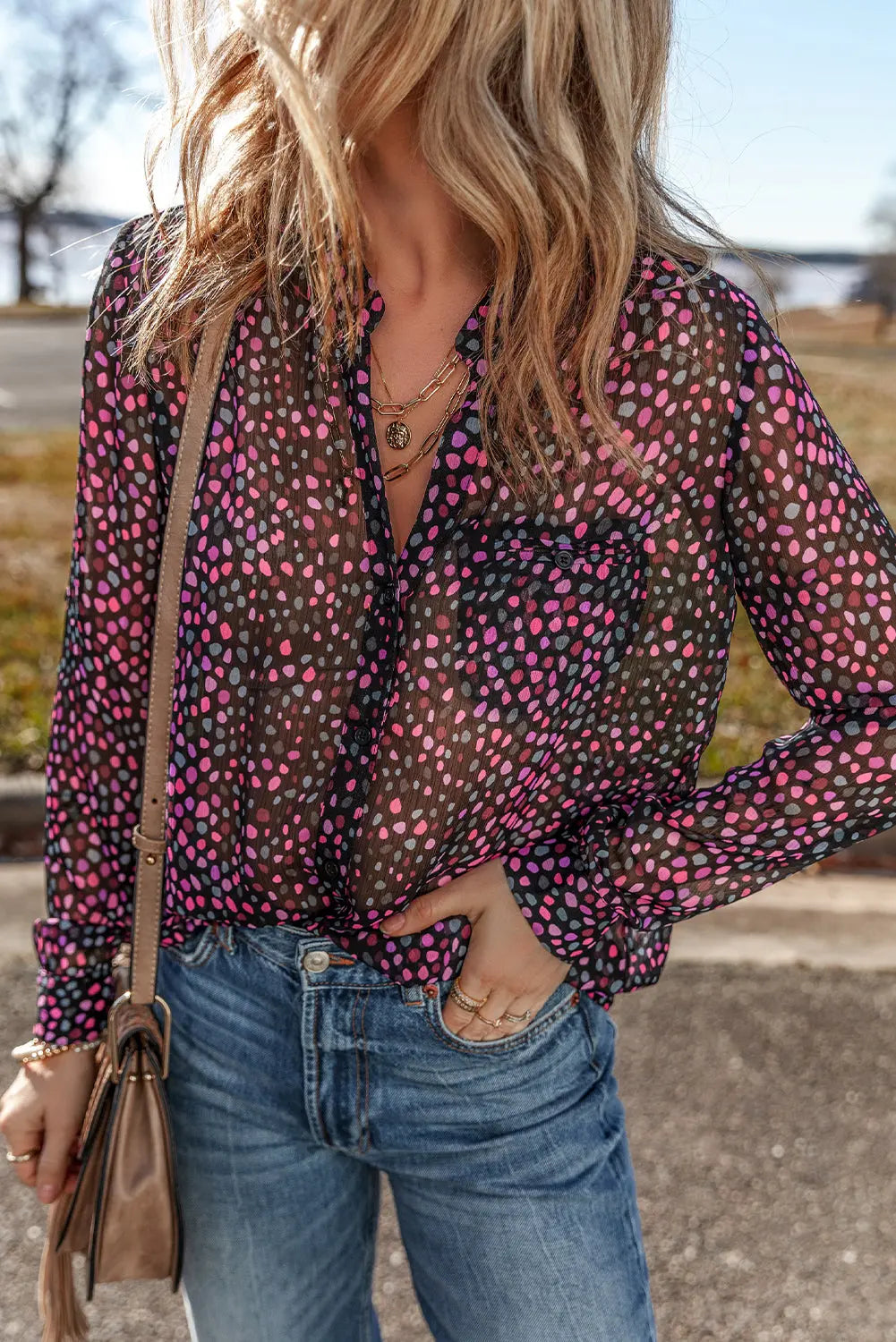 Grape Wine Polka Dot Printed Buttoned Casual Shirt Beagle Boutique Fashion Outlet
