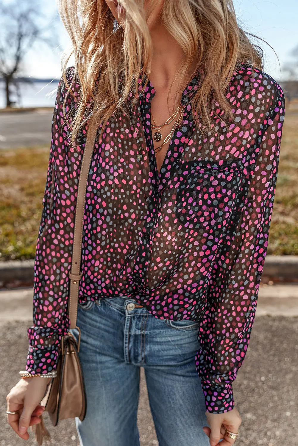Grape Wine Polka Dot Printed Buttoned Casual Shirt Beagle Boutique Fashion Outlet