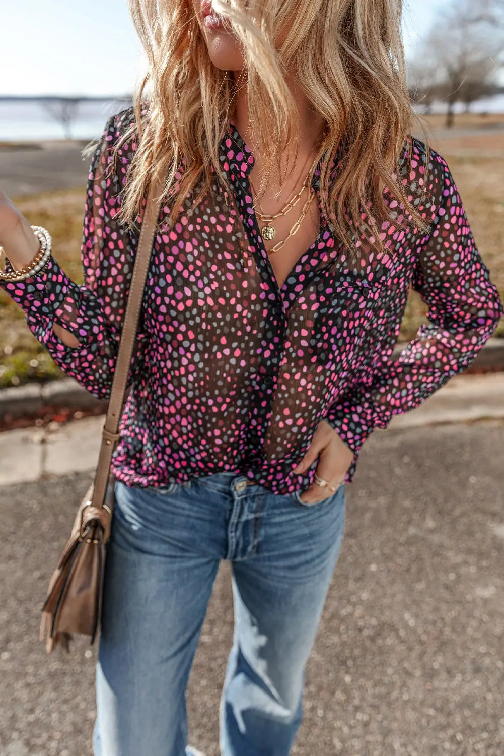 Grape Wine Polka Dot Printed Buttoned Casual Shirt Beagle Boutique Fashion Outlet