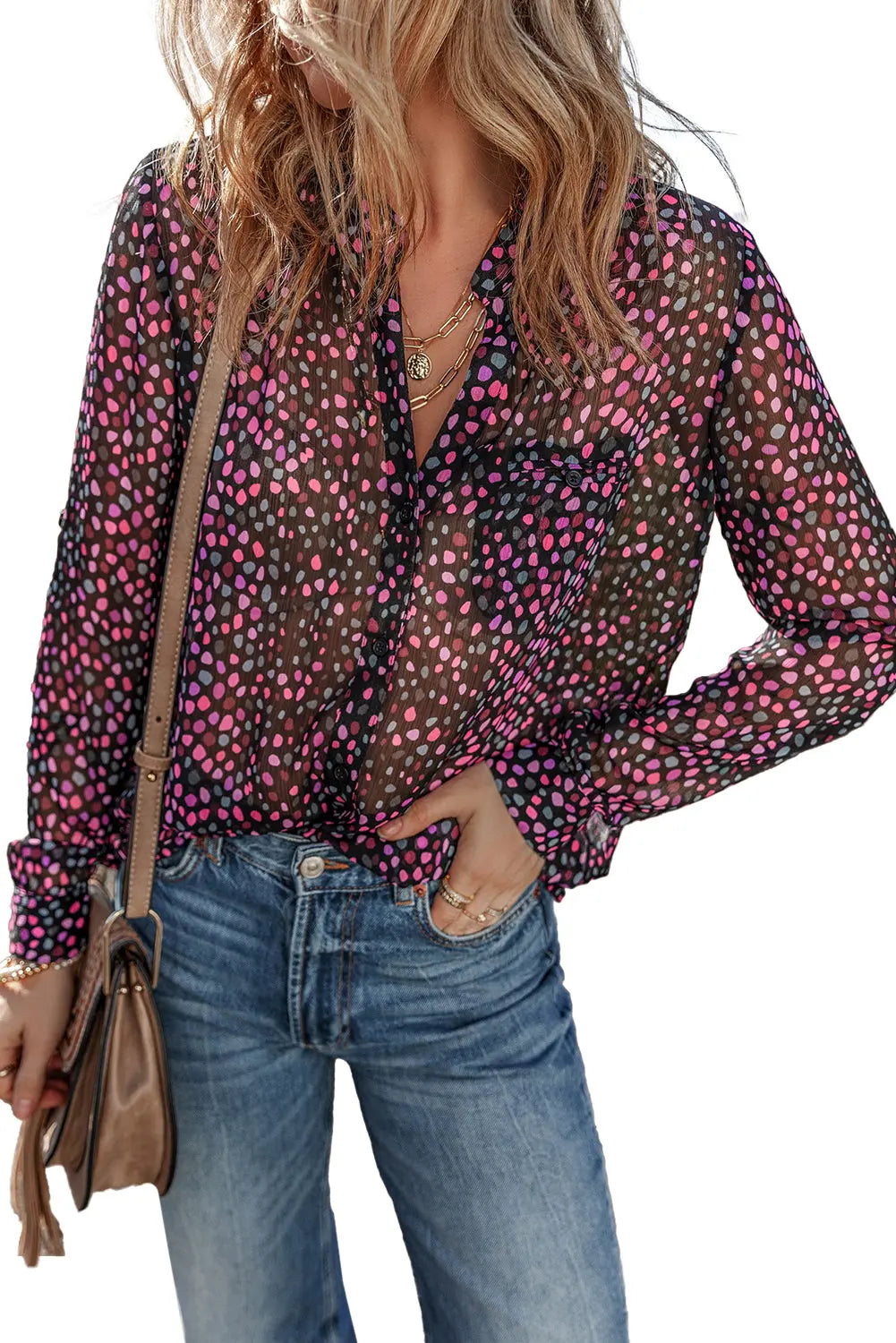 Grape Wine Polka Dot Printed Buttoned Casual Shirt Beagle Boutique Fashion Outlet