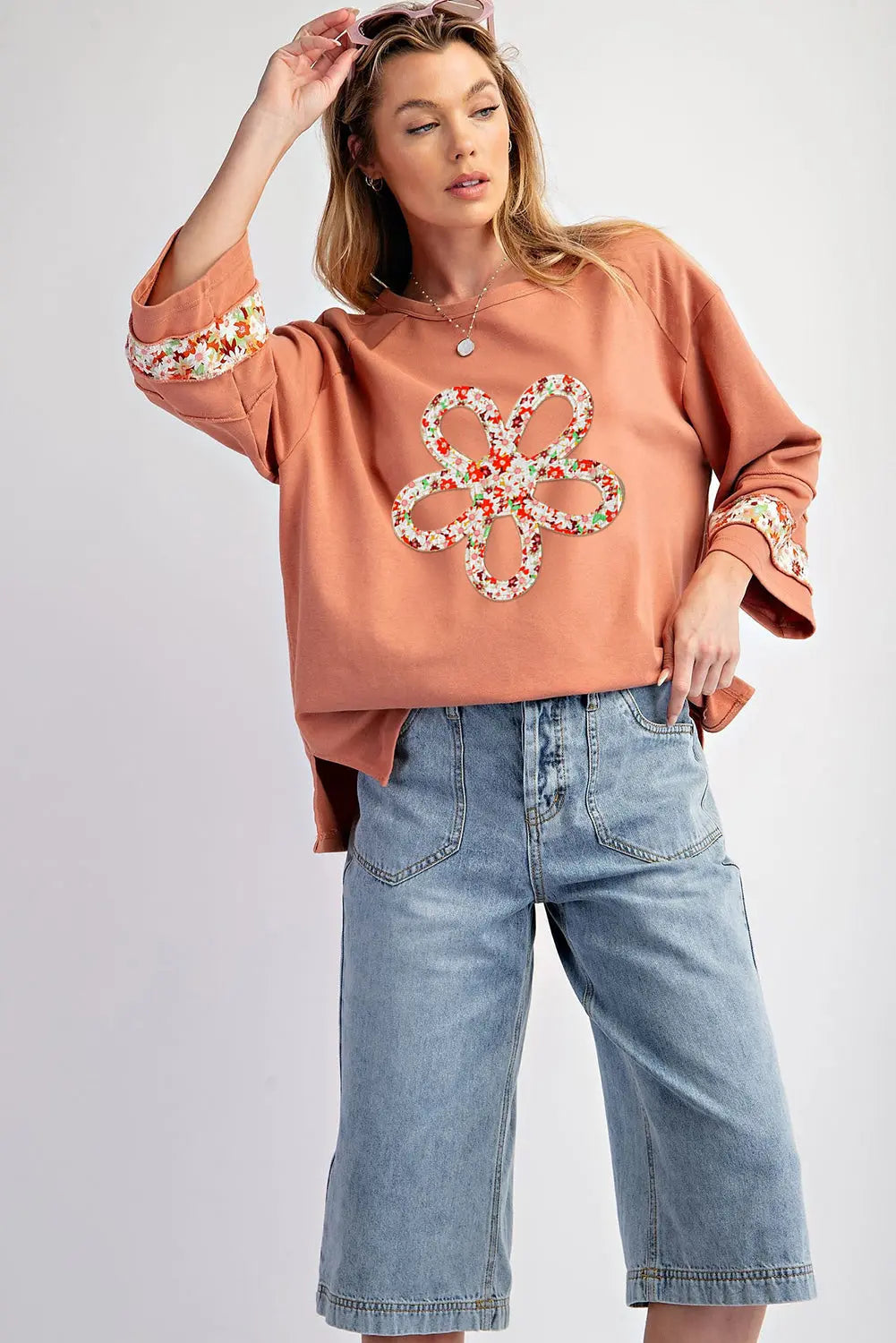 Grapefruit Orange Flower Patch Graphic Exposed Seam Wide Sleeve Top eAura