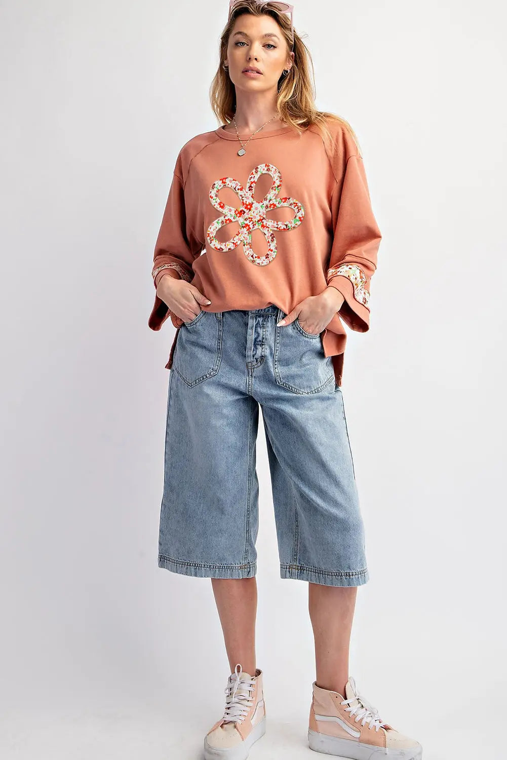 Grapefruit Orange Flower Patch Graphic Exposed Seam Wide Sleeve Top eAura