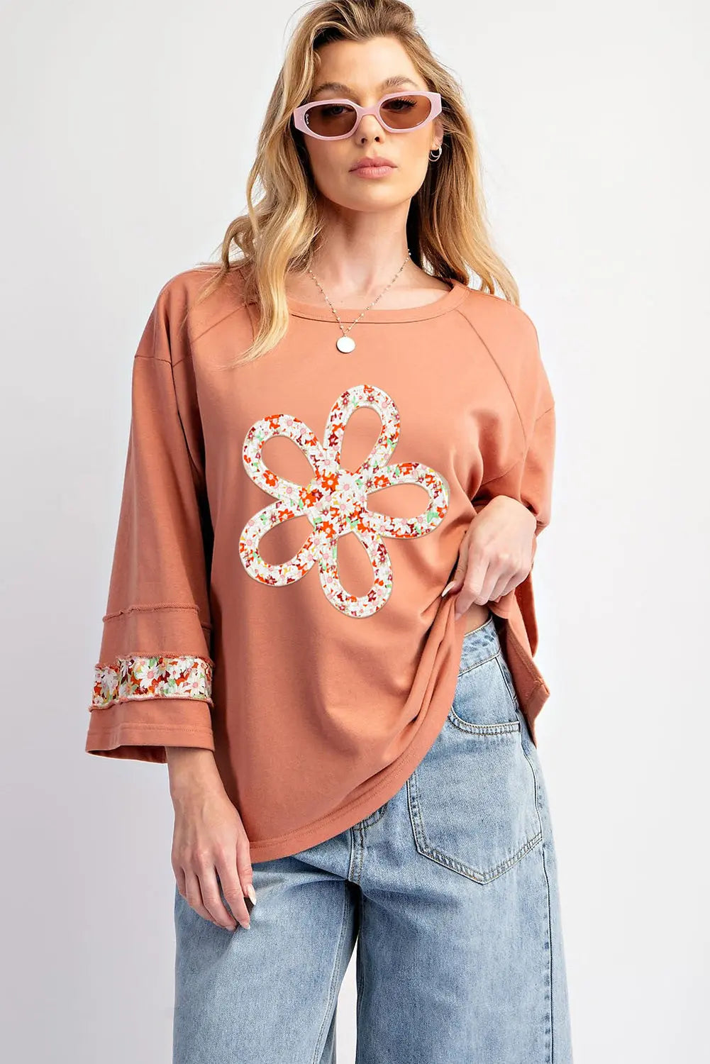 Grapefruit Orange Flower Patch Graphic Exposed Seam Wide Sleeve Top eAura