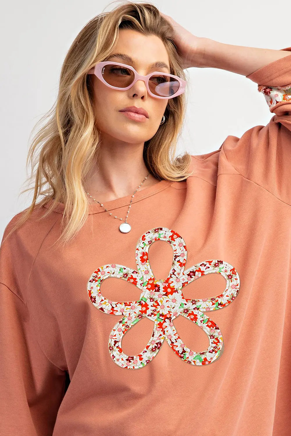Grapefruit Orange Flower Patch Graphic Exposed Seam Wide Sleeve Top eAura