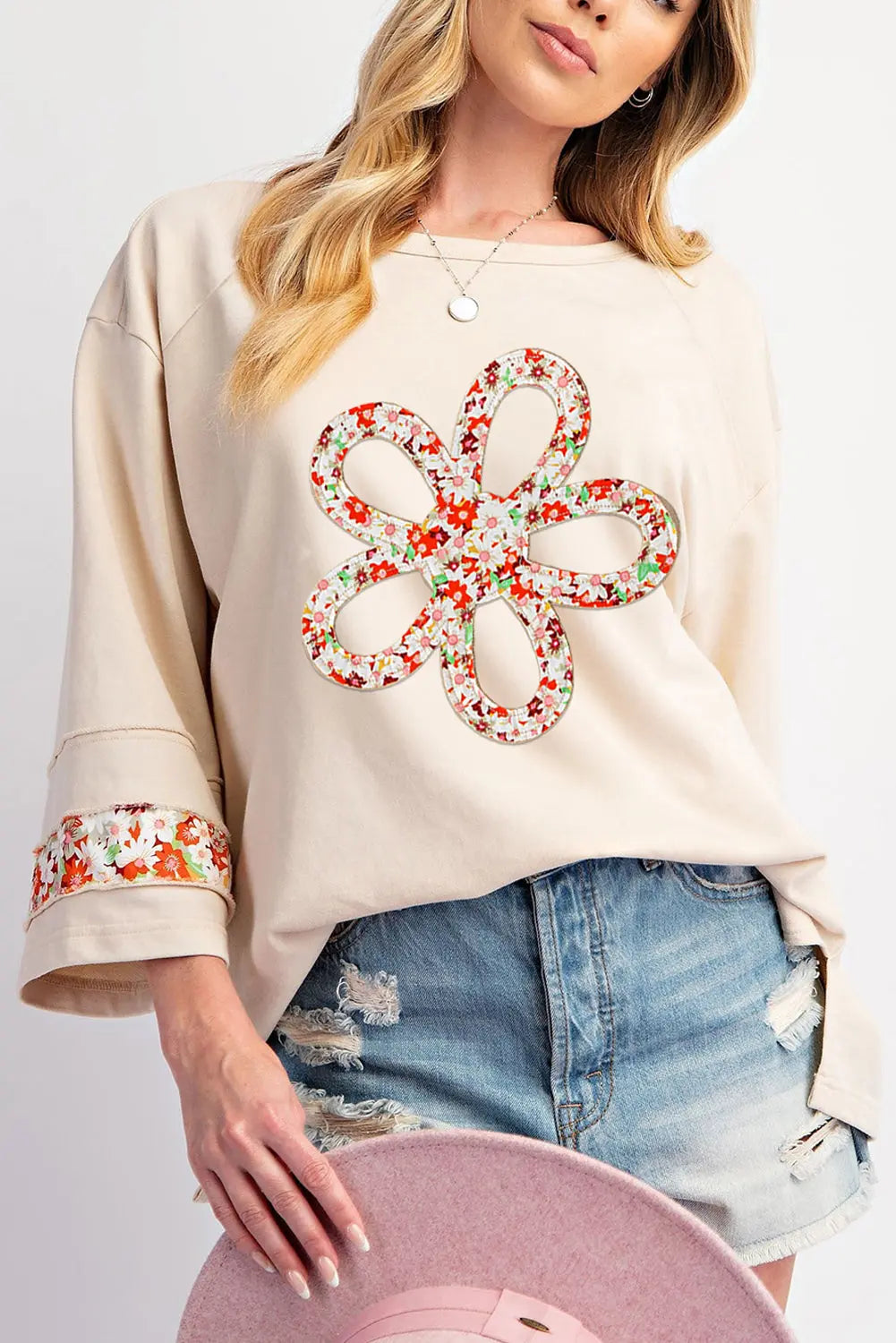 Grapefruit Orange Flower Patch Graphic Exposed Seam Wide Sleeve Top eAura