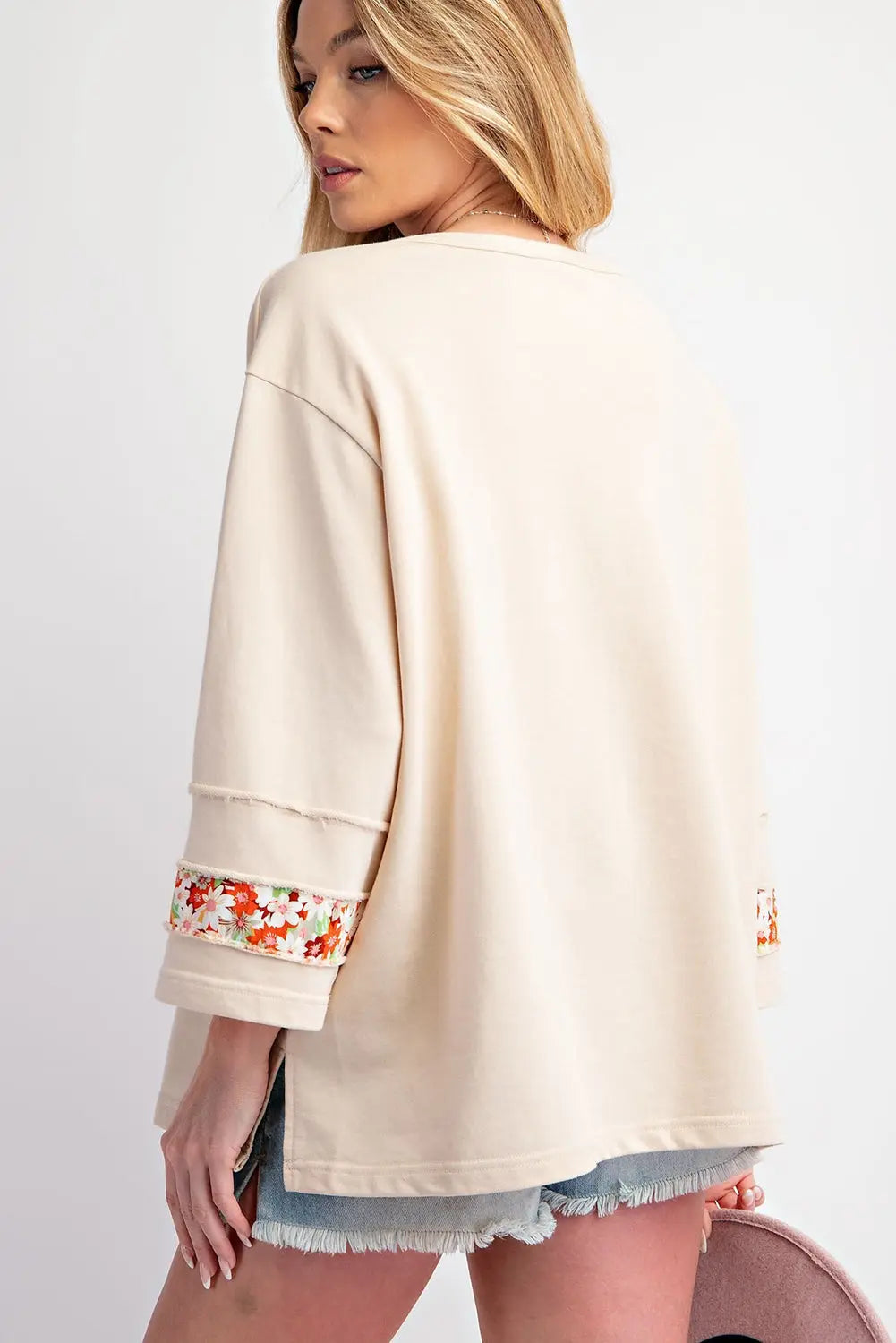 Grapefruit Orange Flower Patch Graphic Exposed Seam Wide Sleeve Top eAura