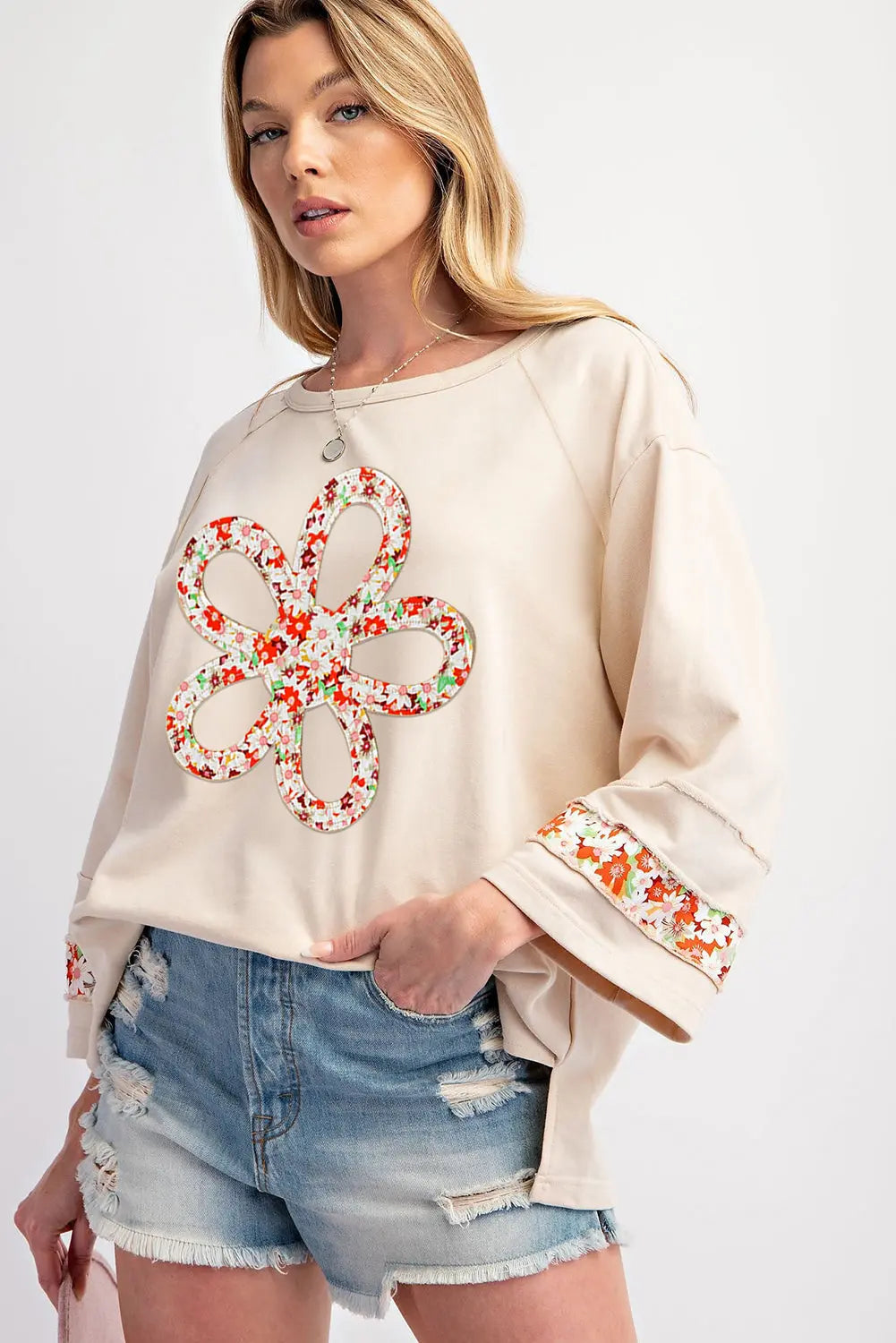 Grapefruit Orange Flower Patch Graphic Exposed Seam Wide Sleeve Top eAura