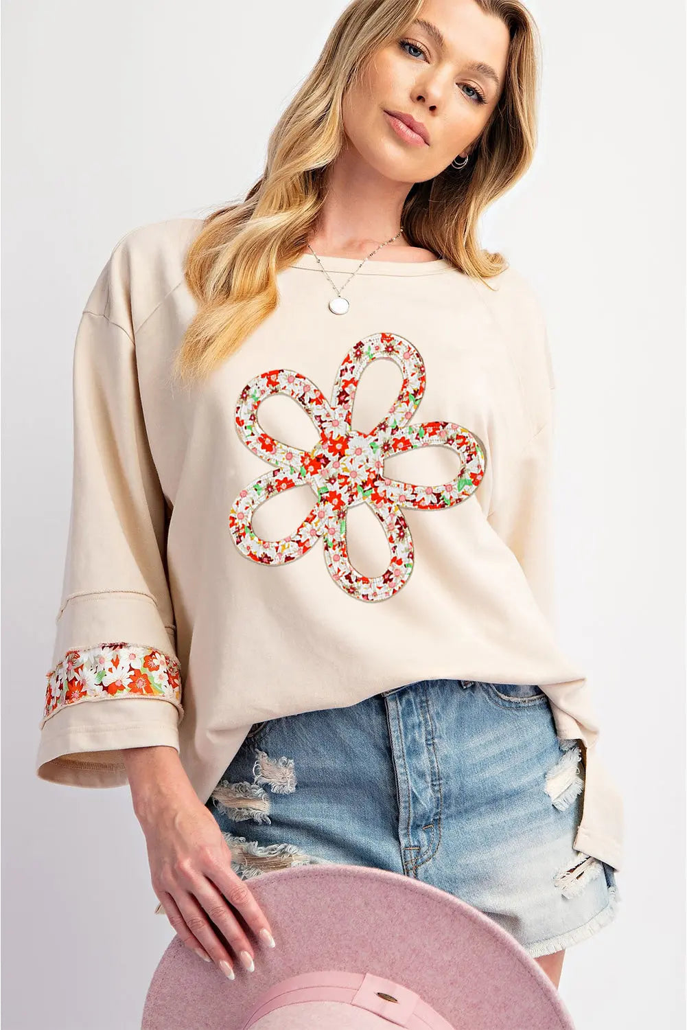Grapefruit Orange Flower Patch Graphic Exposed Seam Wide Sleeve Top eAura