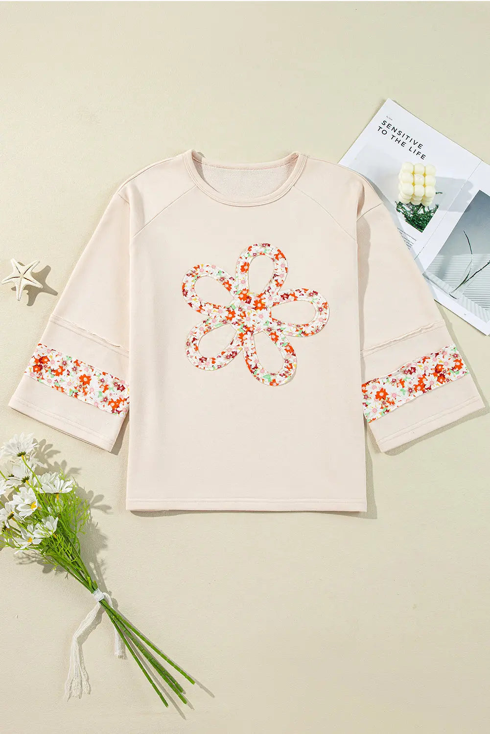 Grapefruit Orange Flower Patch Graphic Exposed Seam Wide Sleeve Top eAura