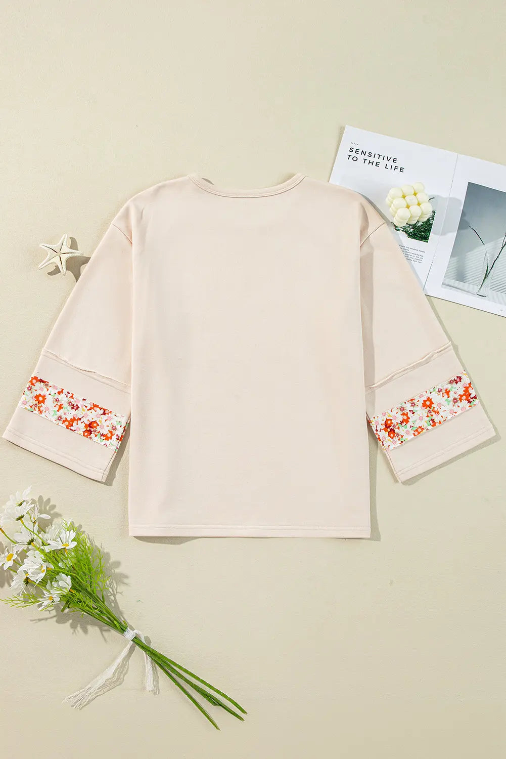 Grapefruit Orange Flower Patch Graphic Exposed Seam Wide Sleeve Top eAura