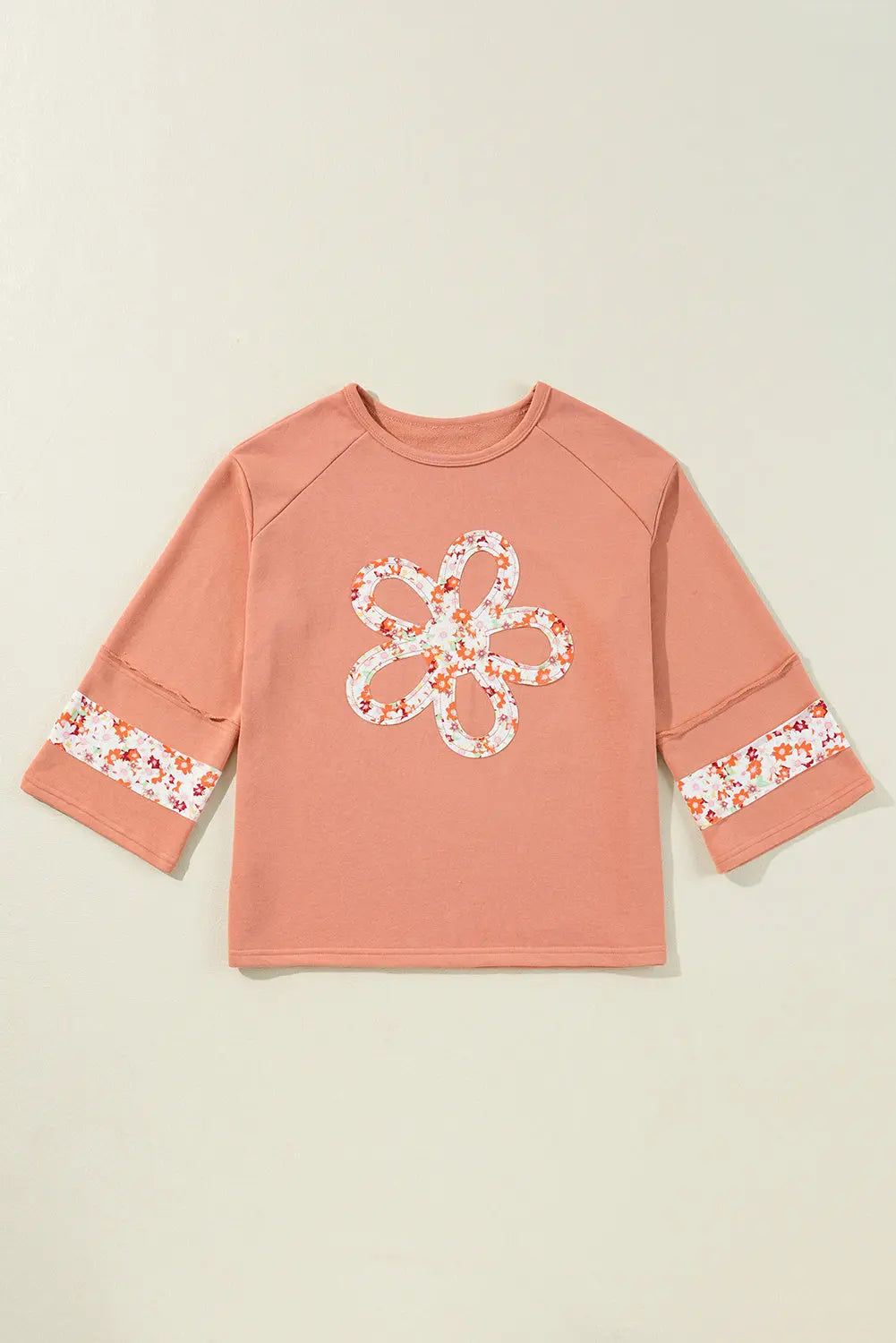 Grapefruit Orange Flower Patch Graphic Exposed Seam Wide Sleeve Top eAura