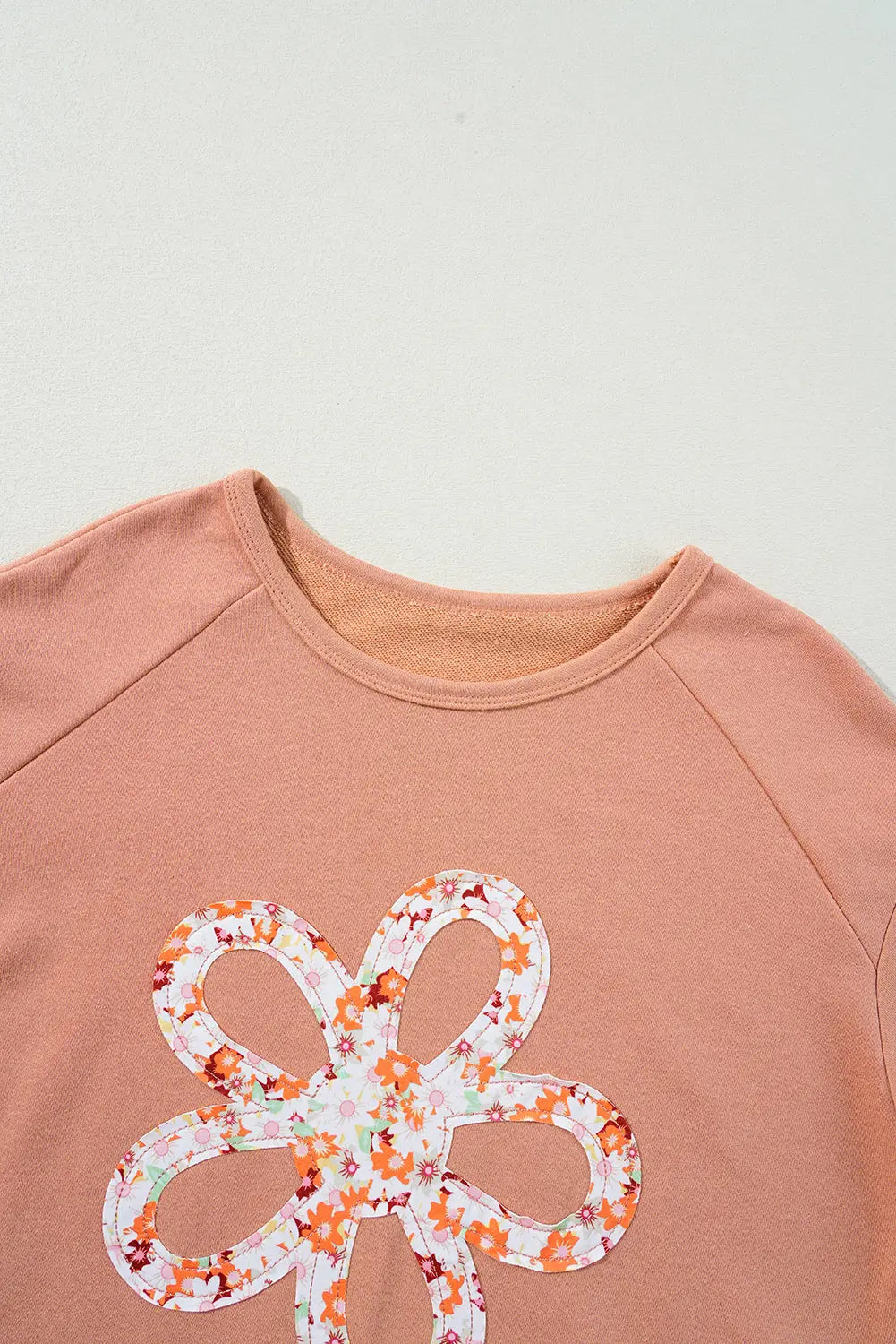 Grapefruit Orange Flower Patch Graphic Exposed Seam Wide Sleeve Top eAura