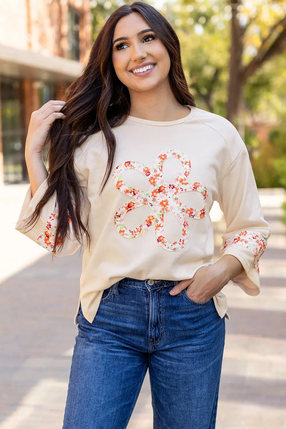 Grapefruit Orange Flower Patch Graphic Exposed Seam Wide Sleeve Top eAura