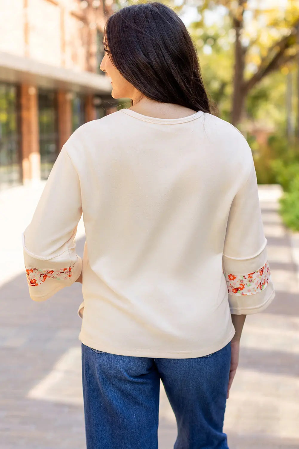 Grapefruit Orange Flower Patch Graphic Exposed Seam Wide Sleeve Top eAura