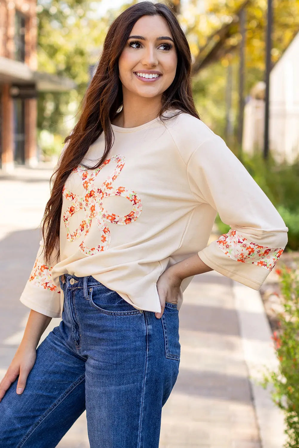 Grapefruit Orange Flower Patch Graphic Exposed Seam Wide Sleeve Top eAura