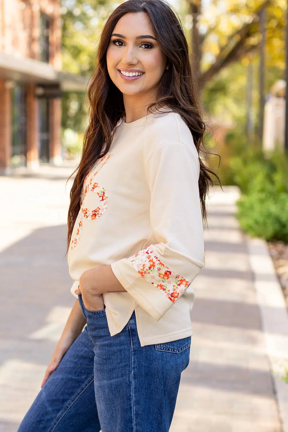 Grapefruit Orange Flower Patch Graphic Exposed Seam Wide Sleeve Top eAura