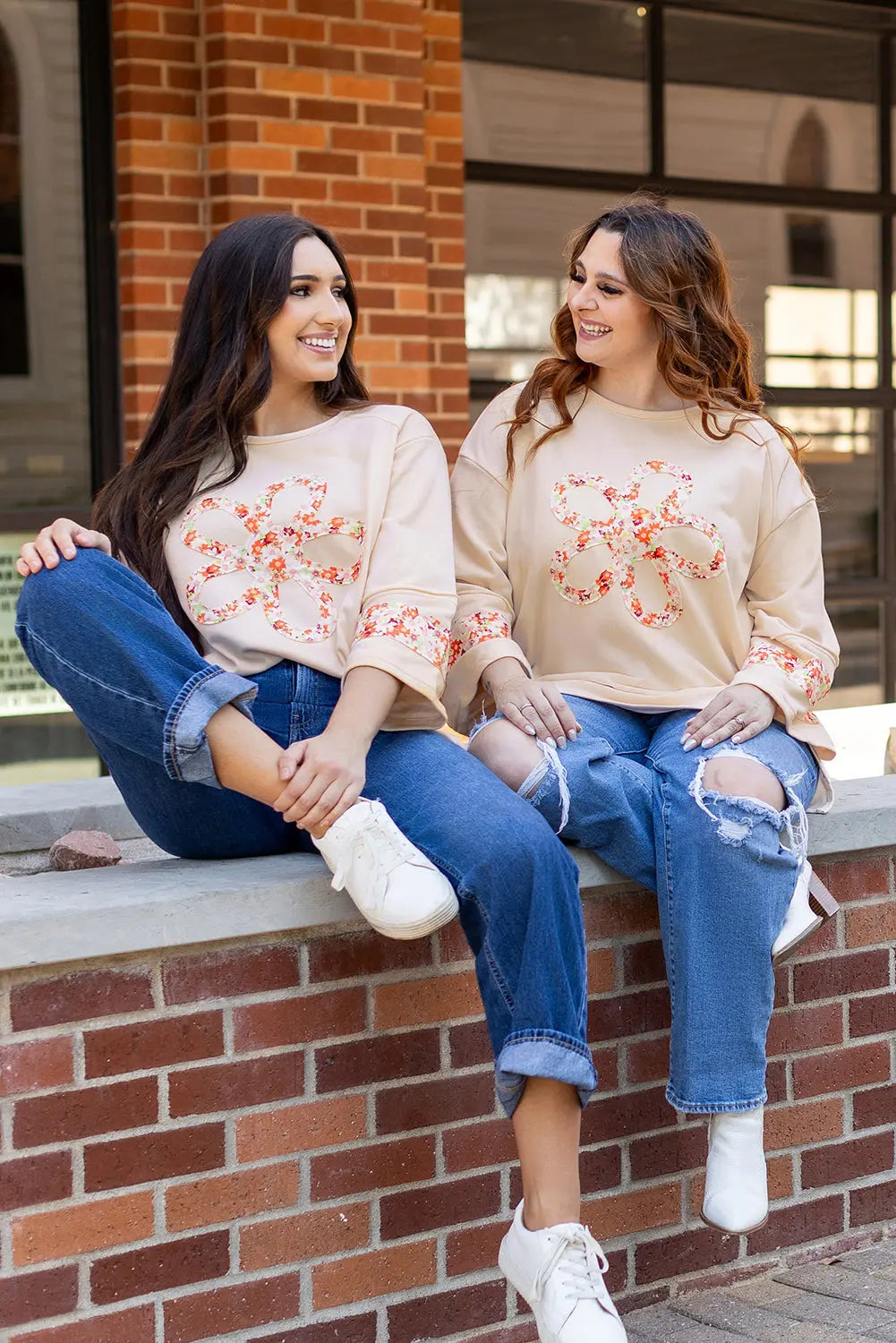 Grapefruit Orange Flower Patch Graphic Exposed Seam Wide Sleeve Top eAura