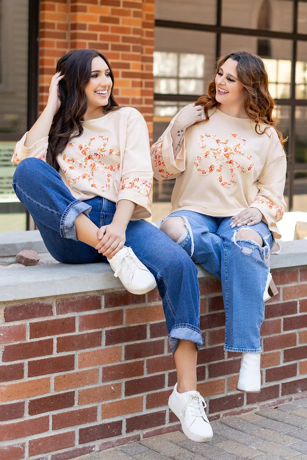 Grapefruit Orange Flower Patch Graphic Exposed Seam Wide Sleeve Top eAura