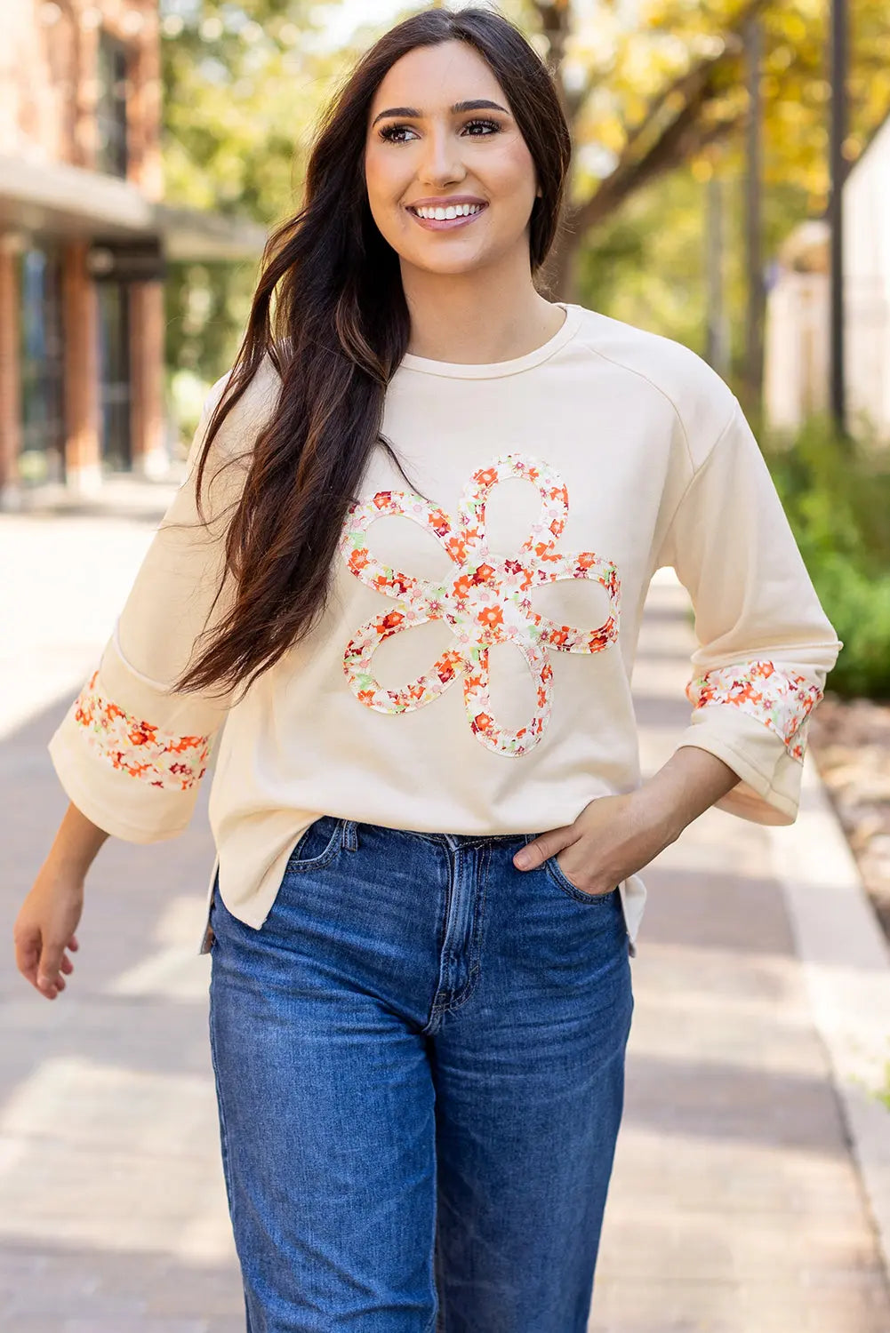 Grapefruit Orange Flower Patch Graphic Exposed Seam Wide Sleeve Top eAura
