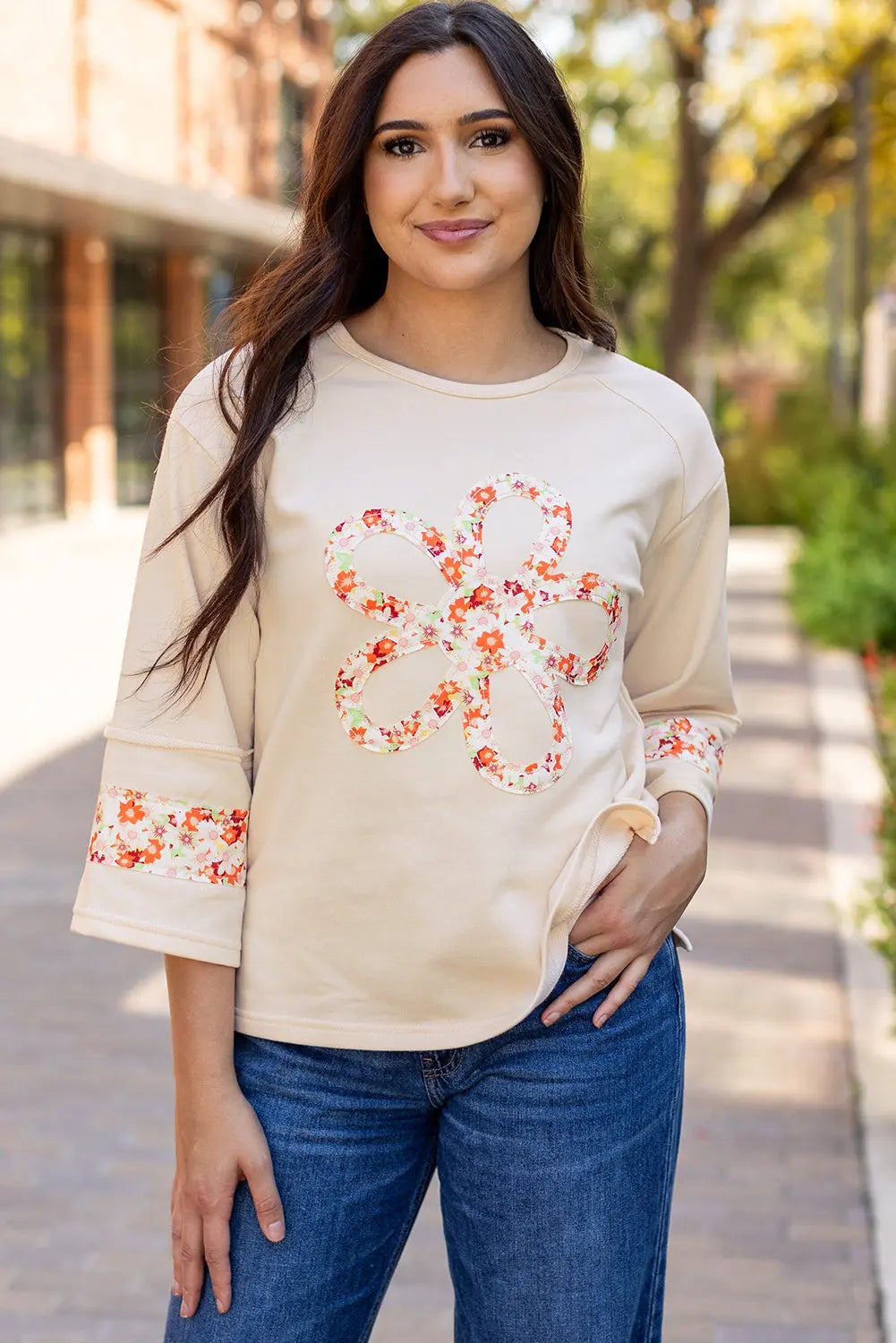 Grapefruit Orange Flower Patch Graphic Exposed Seam Wide Sleeve Top eAura