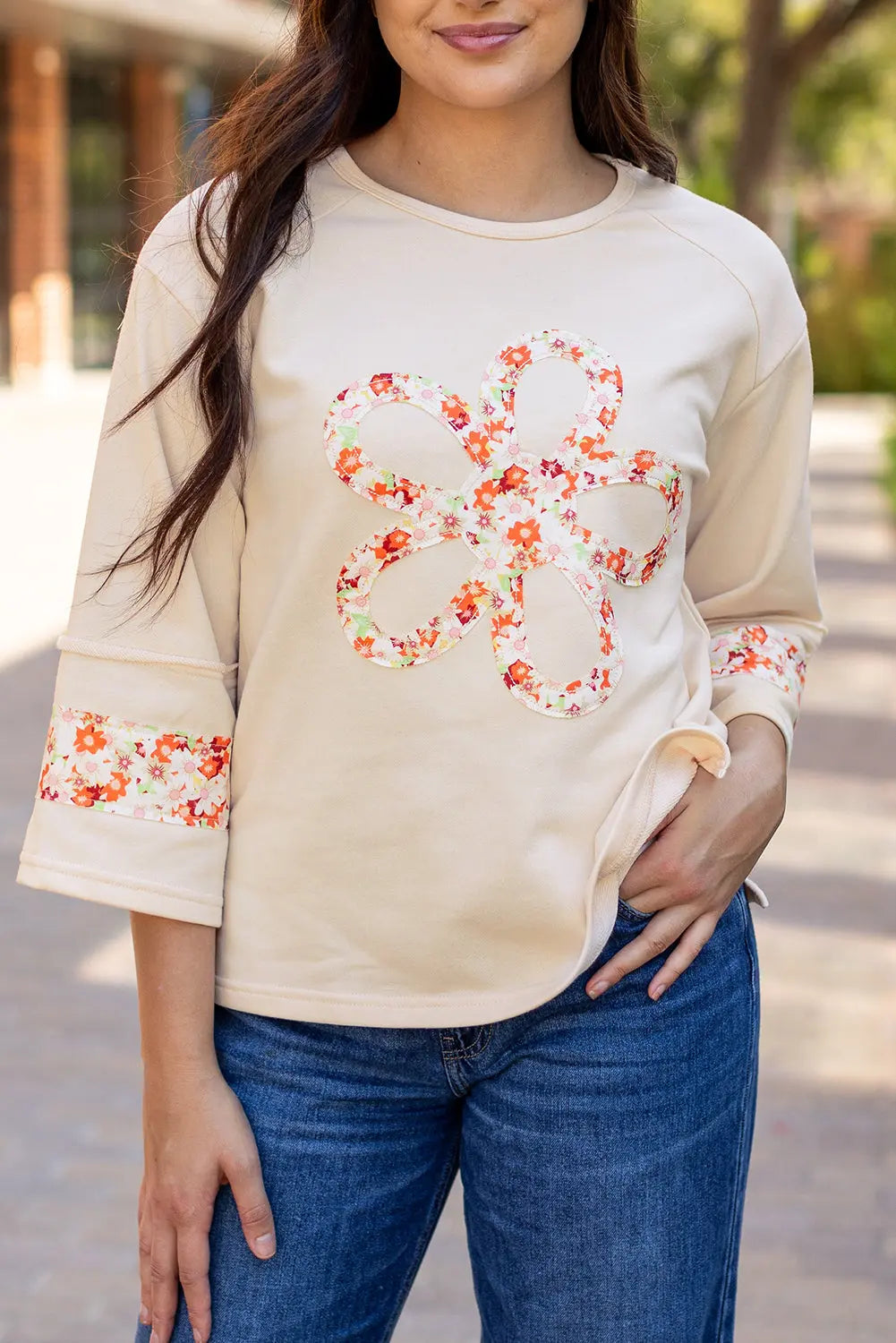 Grapefruit Orange Flower Patch Graphic Exposed Seam Wide Sleeve Top eAura