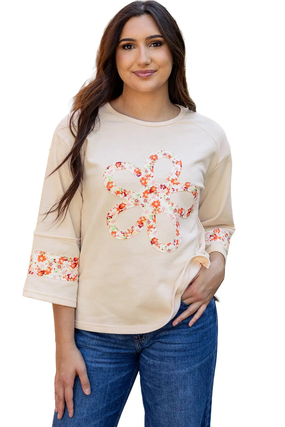 Grapefruit Orange Flower Patch Graphic Exposed Seam Wide Sleeve Top eAura