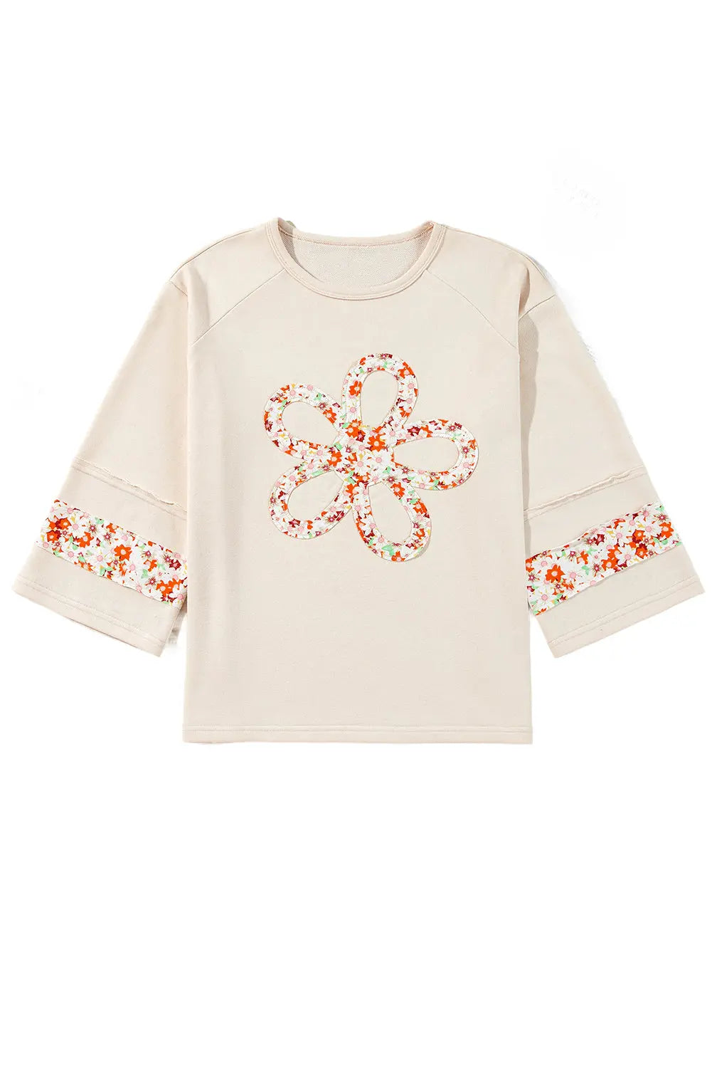 Grapefruit Orange Flower Patch Graphic Exposed Seam Wide Sleeve Top eAura