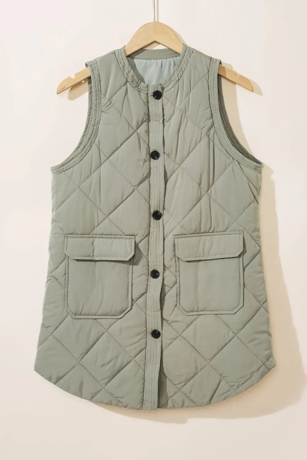 Grass Quilted Long Sleeveless Coat Pockets
