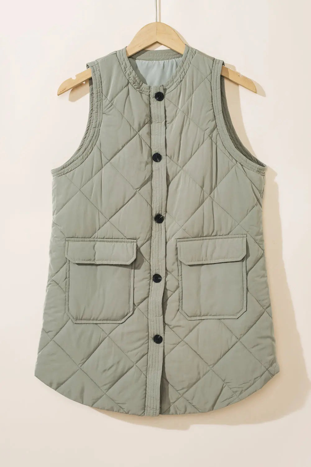Grass Green Quilted Long Sleeveless Coat with Pockets eAura