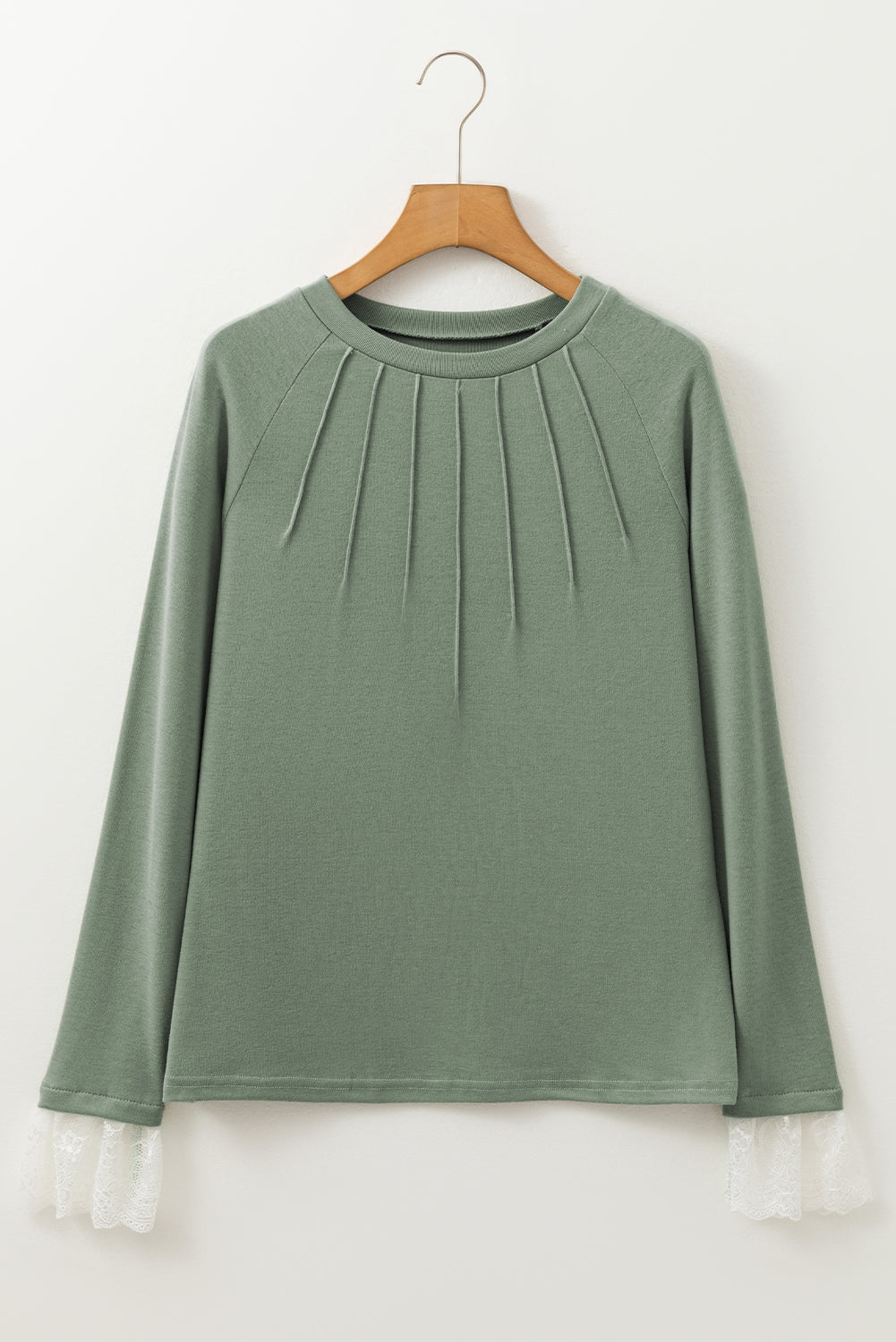 Grass Green Seam Detail Lace Contrast Cuffs Raglan Sleeve Top - eAura