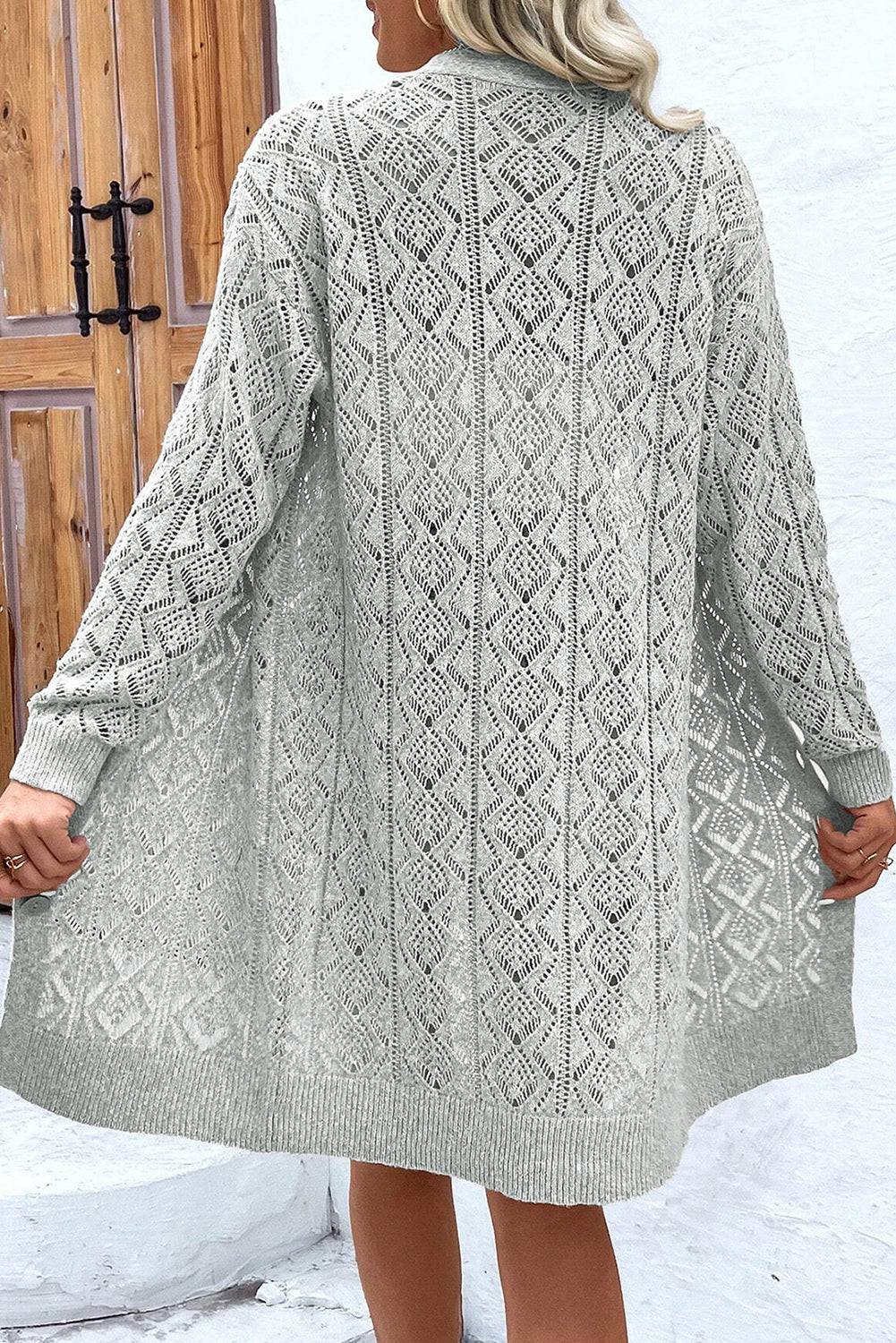 Grey Hollow Out Buttons Front Long Cardigan - BB Fashion Outlet