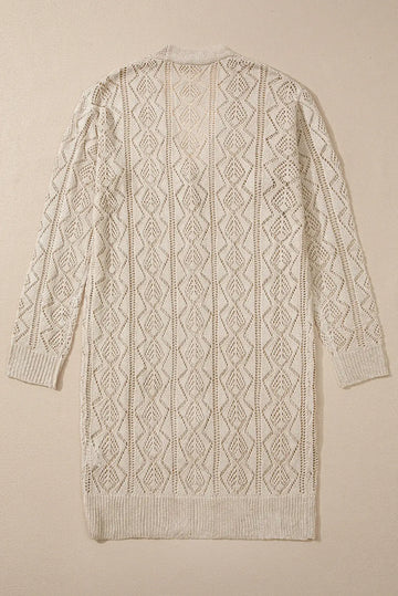 Grey Hollow Out Buttons Front Long Cardigan - BB Fashion Outlet