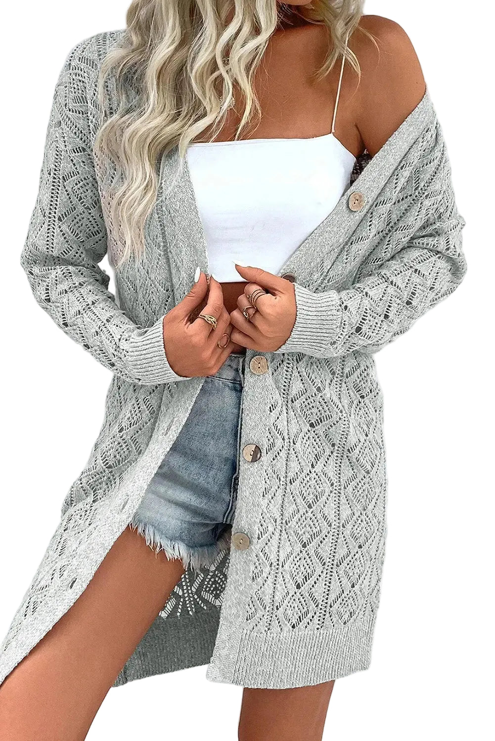Gray Hollow Out Buttons Front Long Cardigan - Sweaters & Cardigans/Cardigans