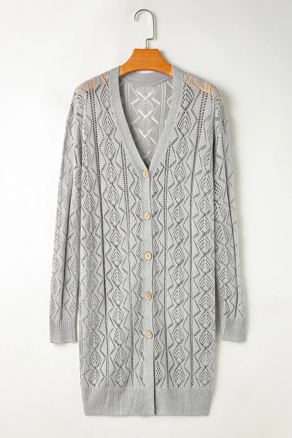 Gray Hollow Out Buttons Front Long Cardigan - eAura