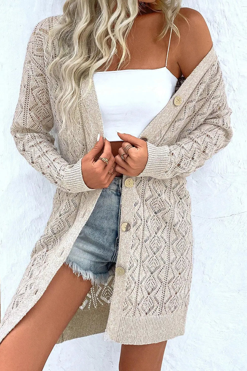 Gray Hollow Out Buttons Front Long Cardigan - eAura