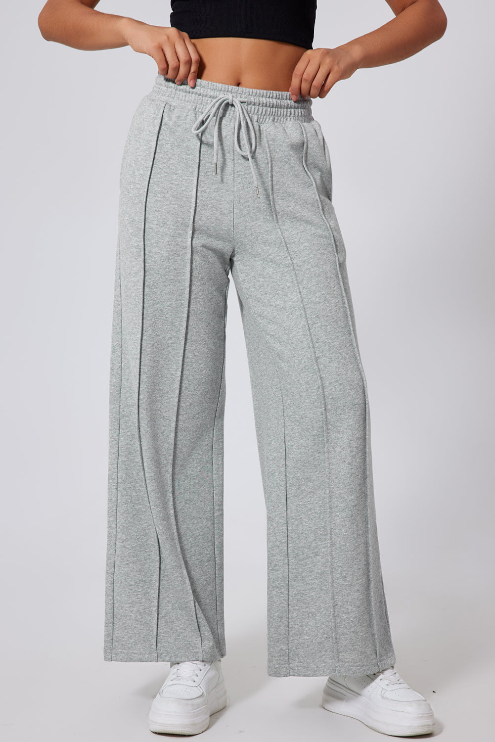 Gray Seamed Drawstring High Waist Wide Leg Sweatpants - eAura