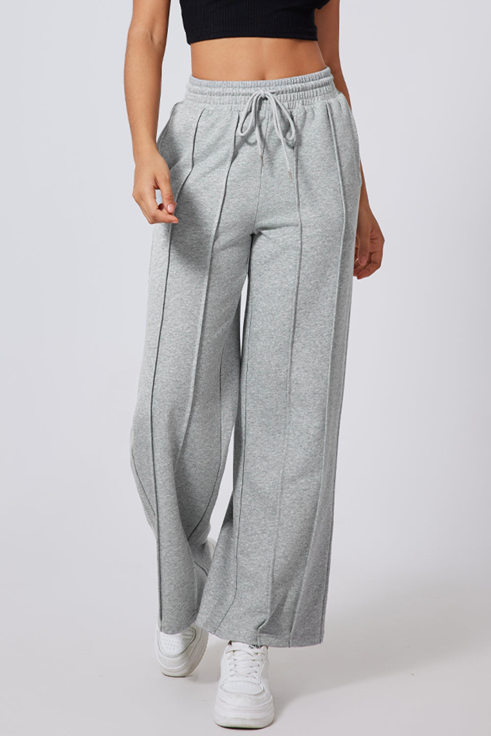 Gray Seamed Drawstring High Waist Wide Leg Sweatpants - Activewear/Bottoms