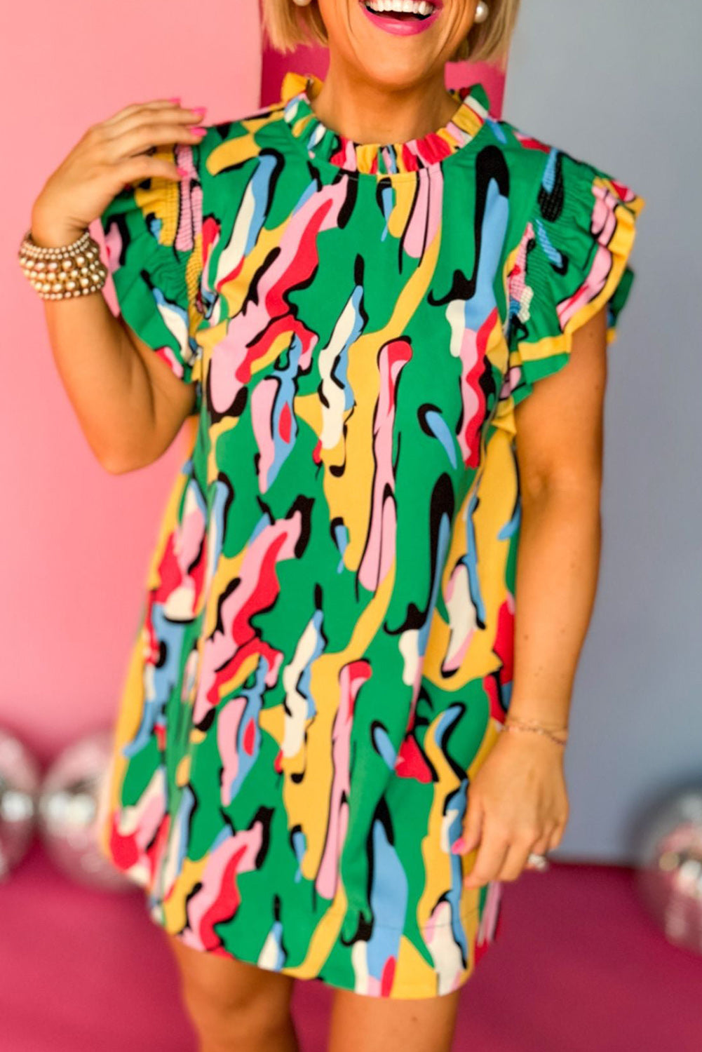 Green Abstract Print Frilled Neck Ruffled Sleeve Mini Dress - GREEN / S / 100% COTTON - Dresses/Mini Dresses