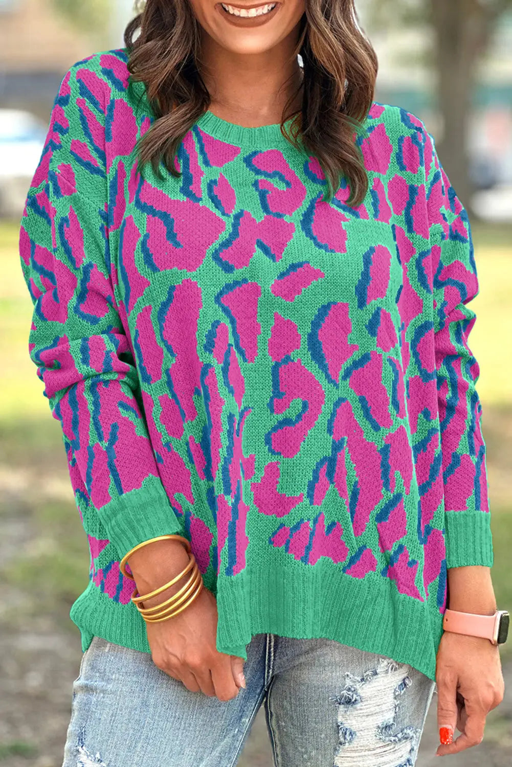 Green Abstract Print Ribbed Trim Baggy Sweater - eAura