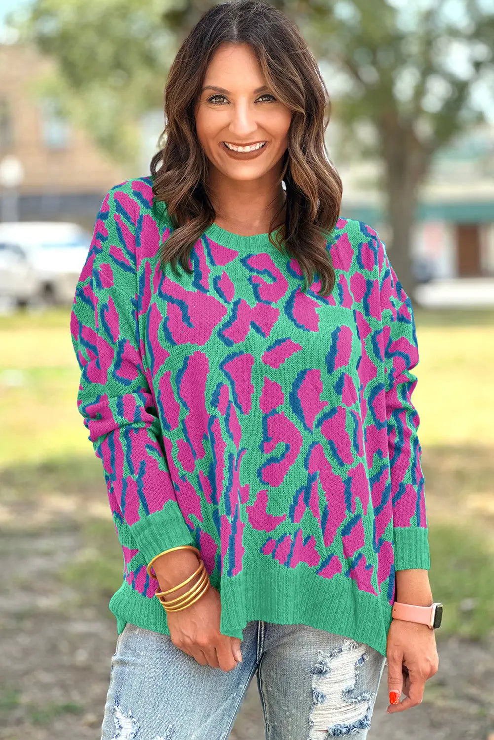 Green Abstract Print Ribbed Trim Baggy Sweater - eAura