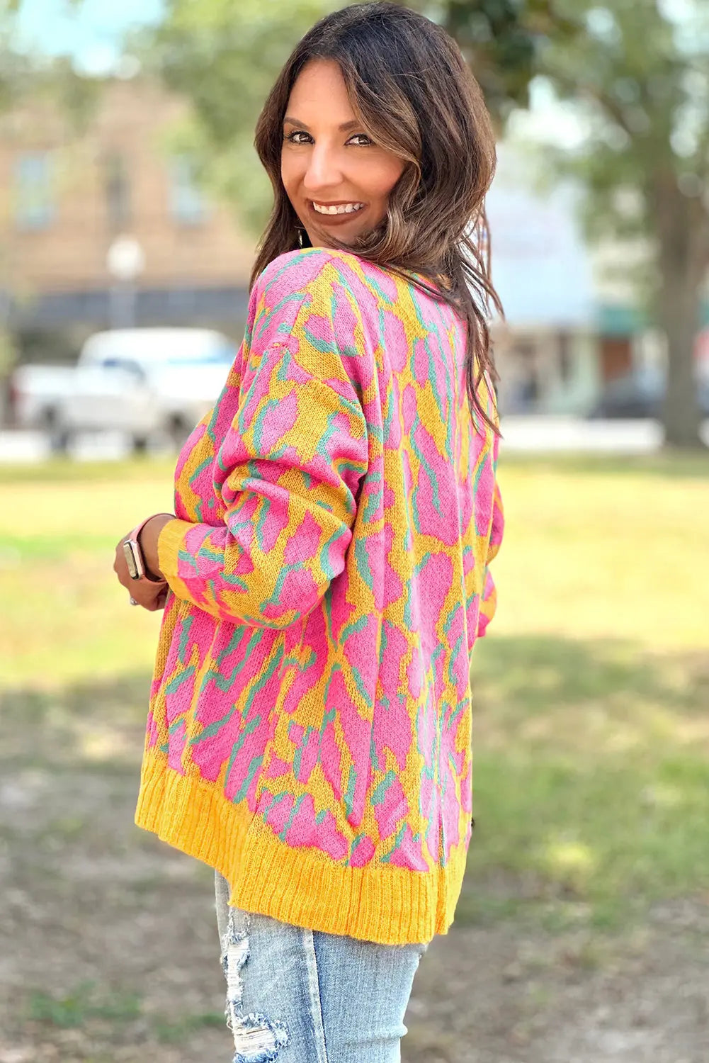 Green Abstract Print Ribbed Trim Baggy Sweater - eAura