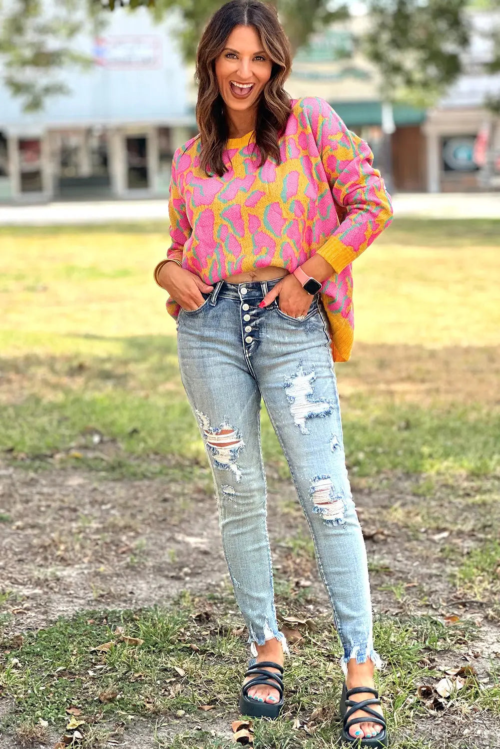 Green Abstract Print Ribbed Trim Baggy Sweater - eAura