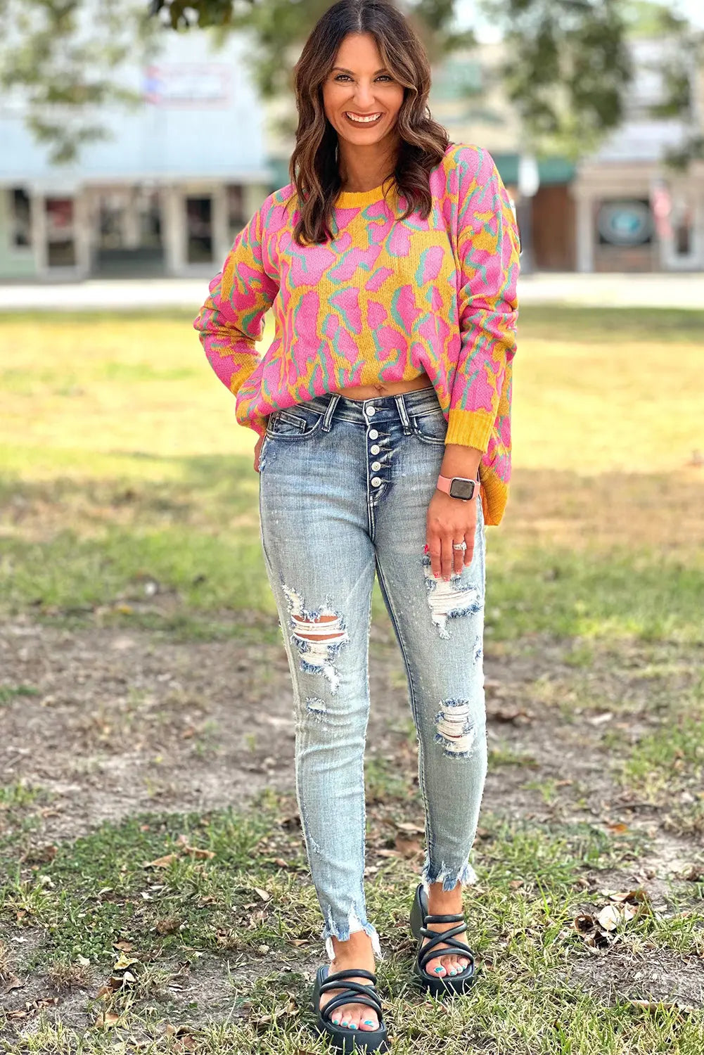 Green Abstract Print Ribbed Trim Baggy Sweater - eAura