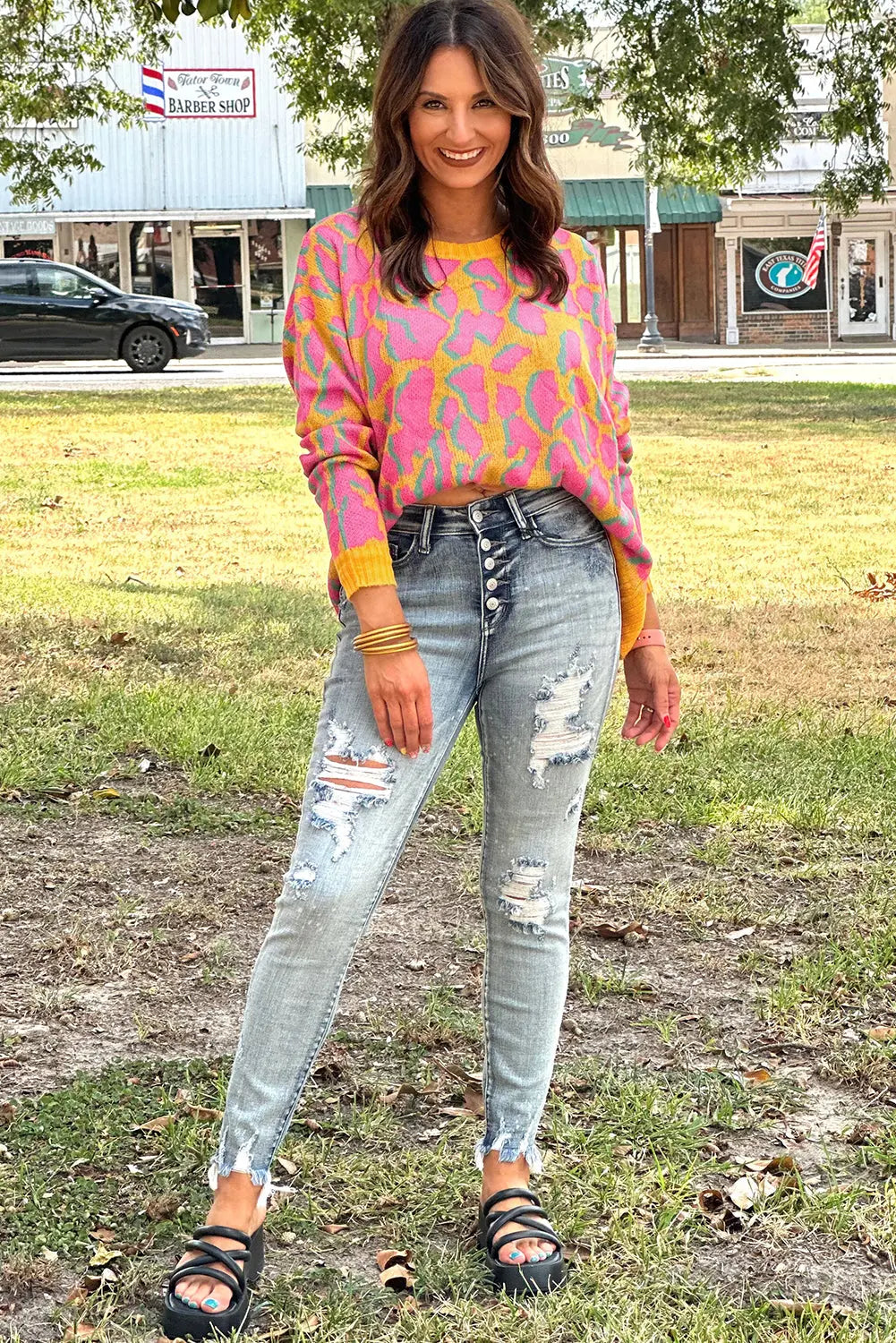 Green Abstract Print Ribbed Trim Baggy Sweater - eAura