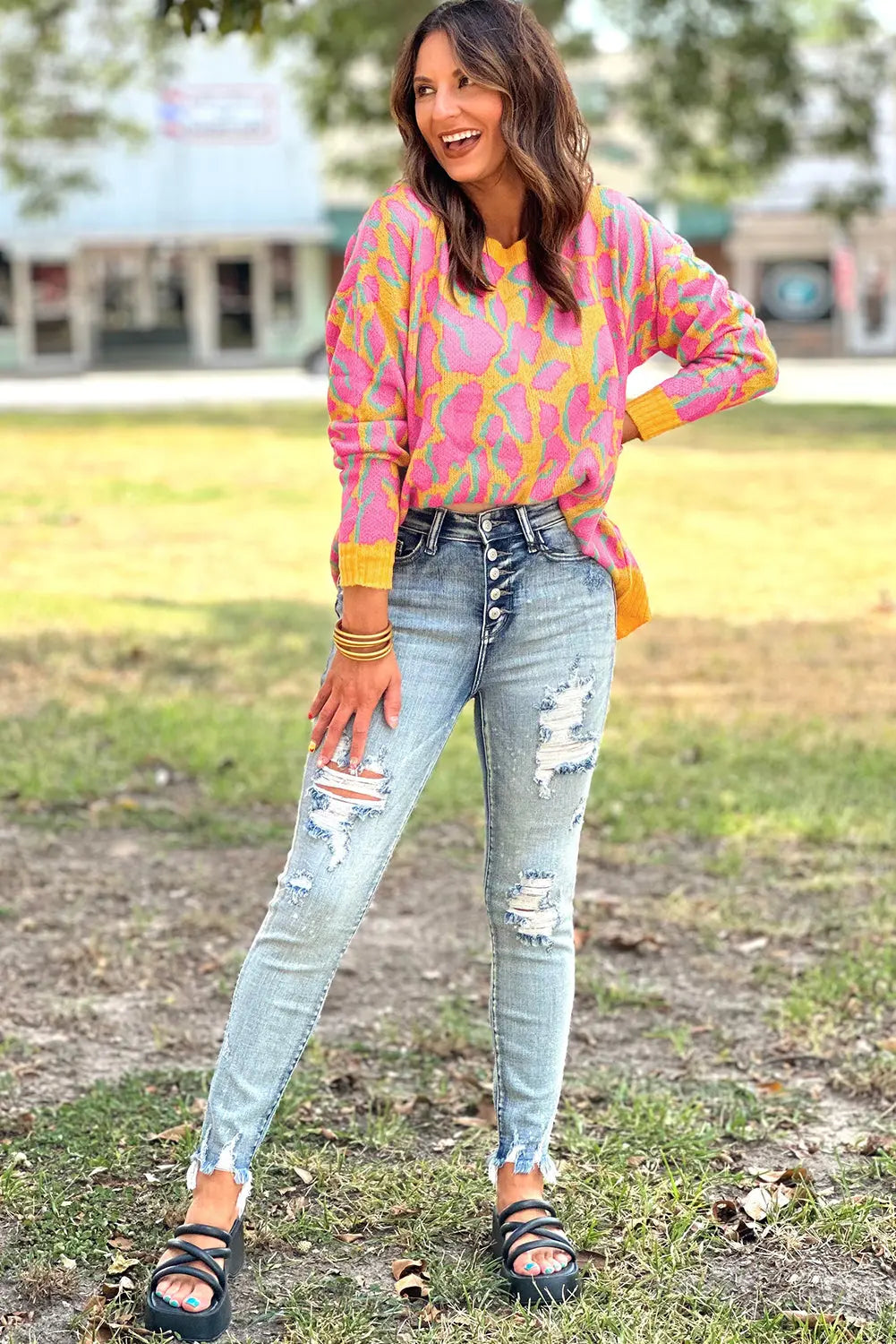 Green Abstract Print Ribbed Trim Baggy Sweater - eAura